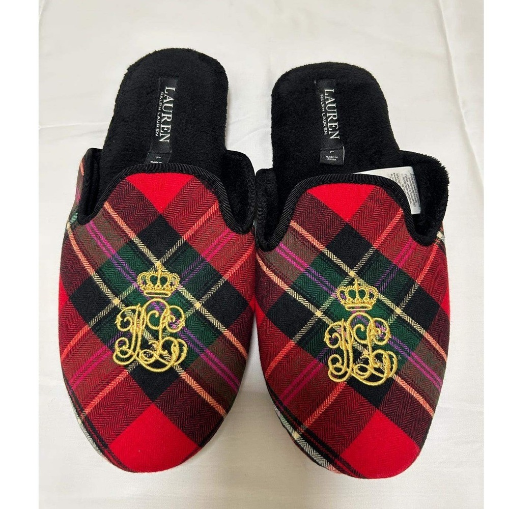 Lauren Ralph Lauren Red Plaid Tartan Crest Slippers Womens Large Fleece Lined